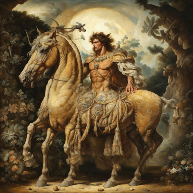 A majestic centaur in Baroque attire stands in a lush landscape under a dramatic sky. The painting is filled with Baroque elements such as cherubs, floral motifs, and a sense of movement and drama.