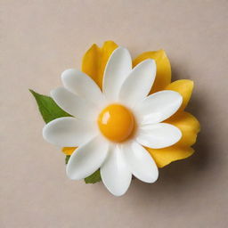 A sunny-side-up egg creatively presented as a blooming flower against a neutral background.