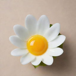 A sunny-side-up egg creatively presented as a blooming flower against a neutral background.