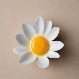 A sunny-side-up egg creatively presented as a blooming flower against a neutral background.