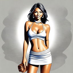 A digital art of an attractive woman donned in a stylish halter top and mini skirt