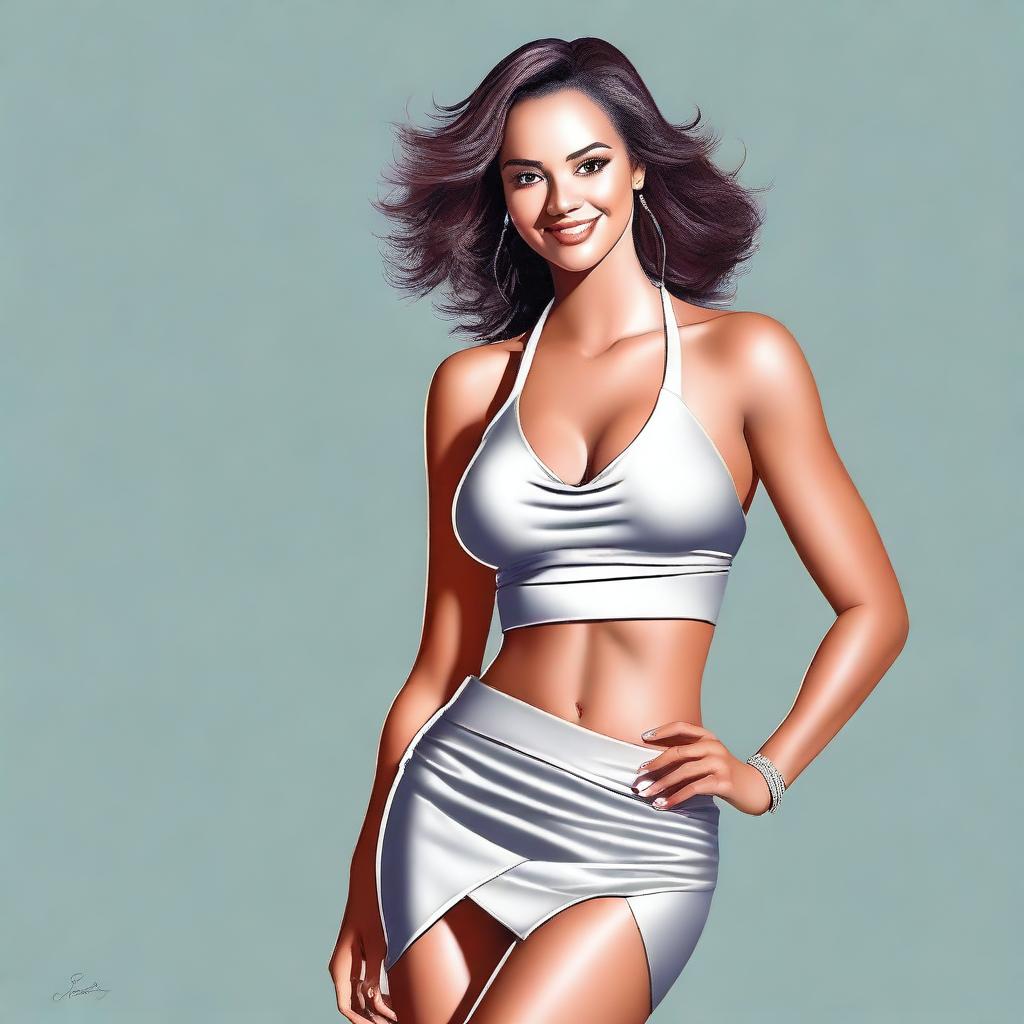 A digital art of an attractive woman donned in a stylish halter top and mini skirt