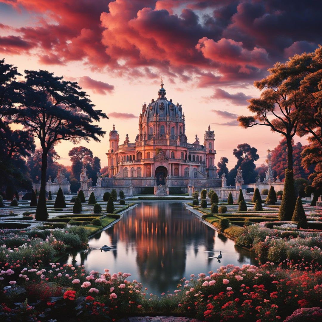 A Baroque-style castle silhouetted against a dawn sky, surrounded by extensive gardens and a serene lake.