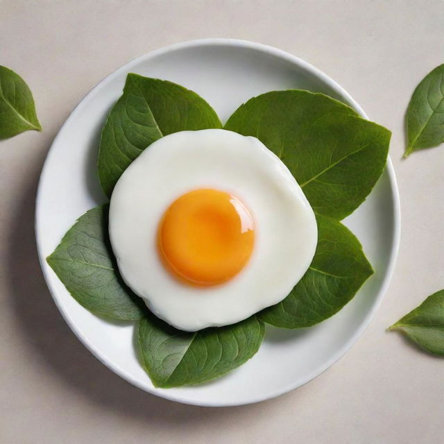 A sunny-side-up poached egg artistically styled as a blooming flower, with green leaves adorning it against a light backdrop.