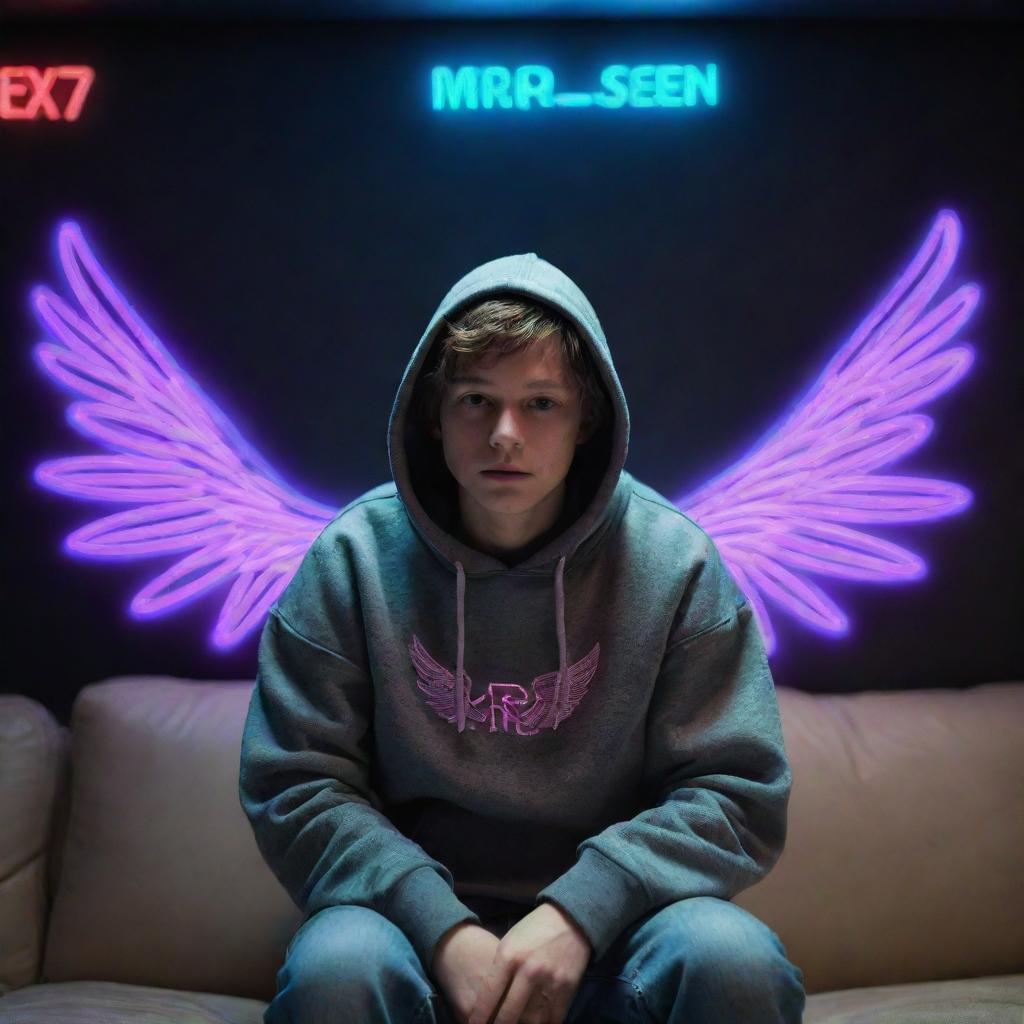 A 3D realistic boy sitting on a couch in a hoodie, with wings sprouting from the back of the couch. The name 'Mr.Se7en' glows in neon lights on the wall behind him.