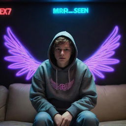 A 3D realistic boy sitting on a couch in a hoodie, with wings sprouting from the back of the couch. The name 'Mr.Se7en' glows in neon lights on the wall behind him.