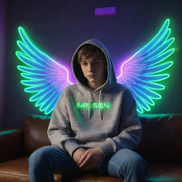 A 3D realistic boy sitting on a couch in a hoodie, with wings sprouting from the back of the couch. The name 'Mr.Se7en' glows in neon lights on the wall behind him.