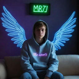 A 3D realistic boy sitting on a couch in a hoodie, with wings sprouting from the back of the couch. The name 'Mr.Se7en' glows in neon lights on the wall behind him.