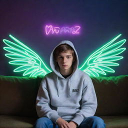 A 3D realistic boy sitting on a couch in a hoodie, with wings sprouting from the back of the couch. The name 'Mr.Se7en' glows in neon lights on the wall behind him.