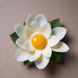 A sunny-side-up poached egg artistically shaped into a beautiful flower against a minimalistic background.