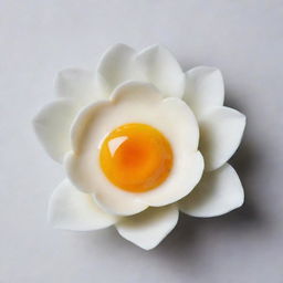 A sunny-side-up poached egg artistically shaped into a beautiful flower against a minimalistic background.