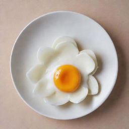 A sunny-side-up poached egg artistically shaped into a beautiful flower against a minimalistic background.