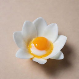 A sunny-side-up poached egg artistically shaped into a beautiful flower against a minimalistic background.