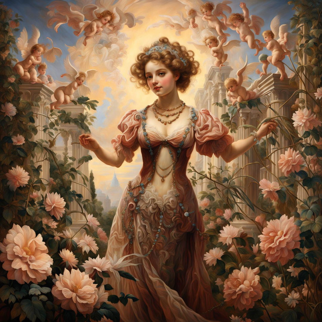 A beautiful maiden in Baroque attire stands in a lush garden under a dramatic sky. The painting is filled with Baroque elements such as cherubs, floral motifs, and a sense of movement and drama.