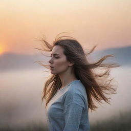 A realistic image of a girl, her hair blowing in the wind, standing against the backdrop of a foggy sunrise.