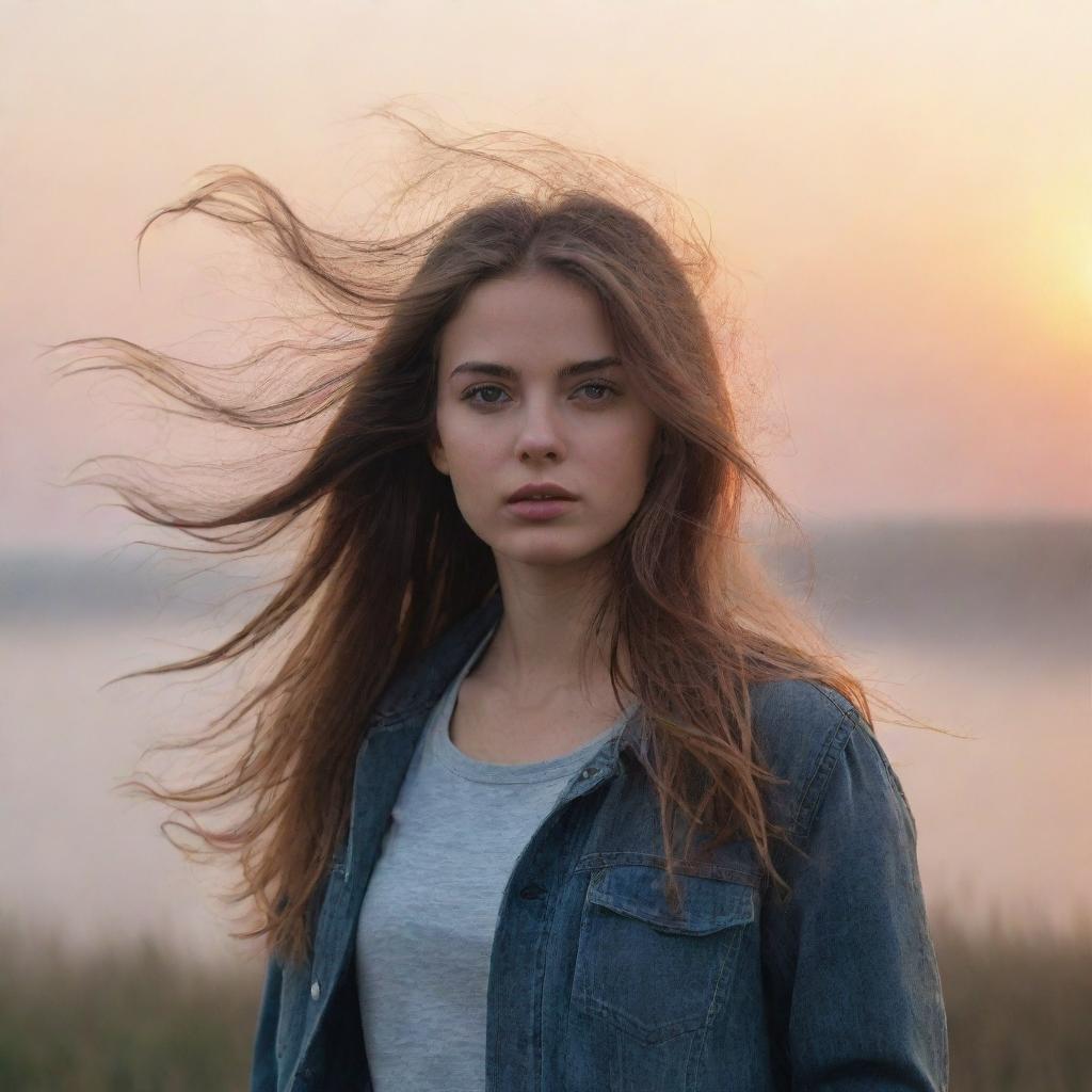 A realistic image of a girl, her hair blowing in the wind, standing against the backdrop of a foggy sunrise.