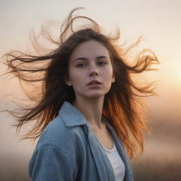 A realistic image of a girl, her hair blowing in the wind, standing against the backdrop of a foggy sunrise.