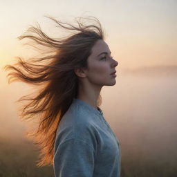 A realistic image of a girl, her hair blowing in the wind, standing against the backdrop of a foggy sunrise.