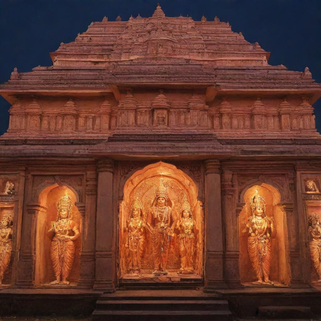 A photograph featuring Ram Mandir in the backdrop with illuminated images of Ram, Laxman, Sita, and Hanuman in the foreground