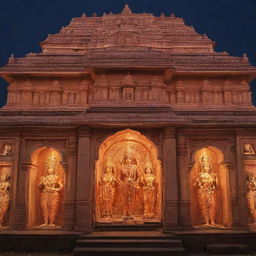 A photograph featuring Ram Mandir in the backdrop with illuminated images of Ram, Laxman, Sita, and Hanuman in the foreground