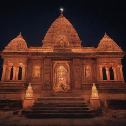 A photograph featuring Ram Mandir in the backdrop with illuminated images of Ram, Laxman, Sita, and Hanuman in the foreground