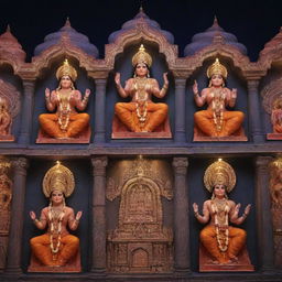 A photograph featuring Ram Mandir in the backdrop with illuminated images of Ram, Laxman, Sita, and Hanuman in the foreground