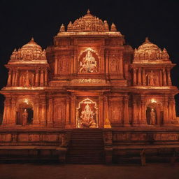 A photograph featuring Ram Mandir in the backdrop with illuminated images of Ram, Laxman, Sita, and Hanuman in the foreground