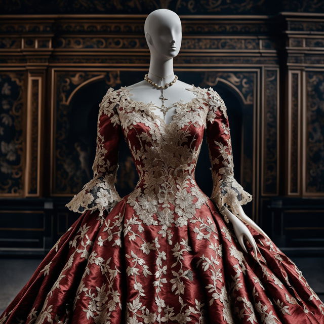 A stunning Baroque style ballgown, adorned with intricate lacework and embellishments, draped over a mannequin. The gown is set against a backdrop of a grand Baroque palace.