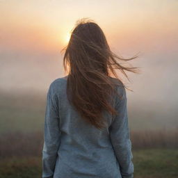 A realistic scenery of a sunrise, with a girl facing her back to us, standing in the distance alone, her hair blowing in the wind amidst a foggy landscape.