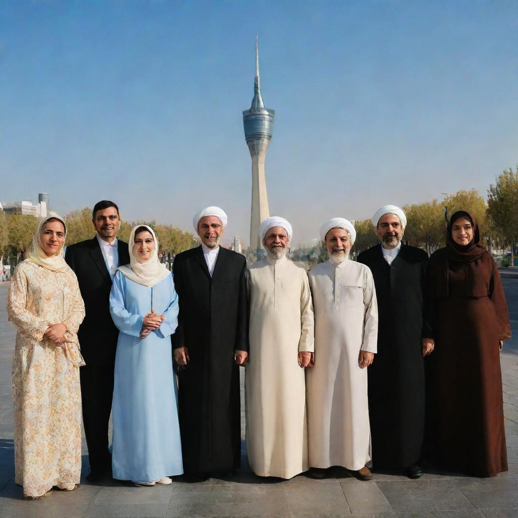 A diverse group of Iranian men and women, joyfully united in traditional and modern dress, stand hand in hand beside Tehran's Freedom Tower, bathed in cinematic light.