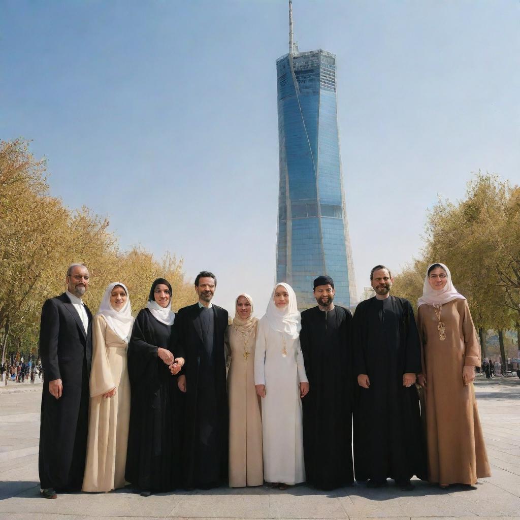 A diverse group of Iranian men and women, joyfully united in traditional and modern dress, stand hand in hand beside Tehran's Freedom Tower, bathed in cinematic light.