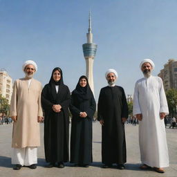 A diverse group of Iranian men and women, joyfully united in traditional and modern dress, stand hand in hand beside Tehran's Freedom Tower, bathed in cinematic light.