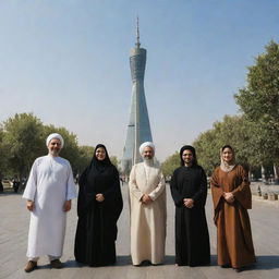 A diverse group of Iranian men and women, joyfully united in traditional and modern dress, stand hand in hand beside Tehran's Freedom Tower, bathed in cinematic light.