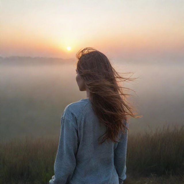 A realistic scenery of a sunrise, with a girl facing her back to us, standing in the distance alone, her hair blowing in the wind amidst a foggy landscape.