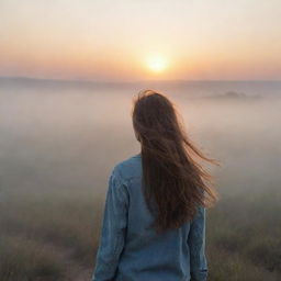 A realistic scenery of a sunrise, with a girl facing her back to us, standing in the distance alone, her hair blowing in the wind amidst a foggy landscape.