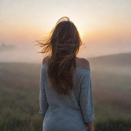 A realistic scenery of a sunrise, with a girl facing her back to us, standing in the distance alone, her hair blowing in the wind amidst a foggy landscape.