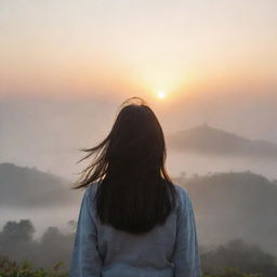 A realistic sunrise, with an Asian girl standing alone in the distance, her back towards us, hair blowing in the wind amidst the foggy scenery.