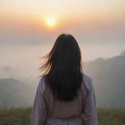 A realistic sunrise, with an Asian girl standing alone in the distance, her back towards us, hair blowing in the wind amidst the foggy scenery.