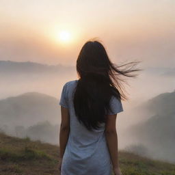 A realistic sunrise, with an Asian girl standing alone in the distance, her back towards us, hair blowing in the wind amidst the foggy scenery.