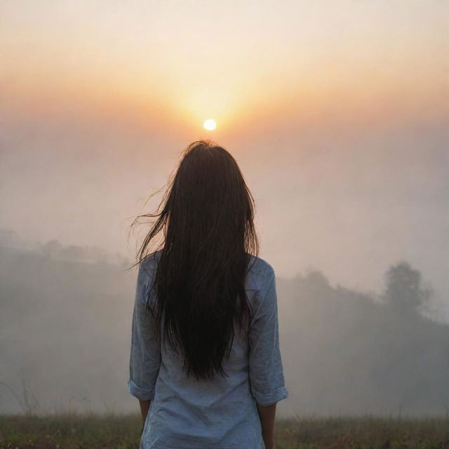 A realistic sunrise, with an Asian girl standing alone in the distance, her back towards us, hair blowing in the wind amidst the foggy scenery.