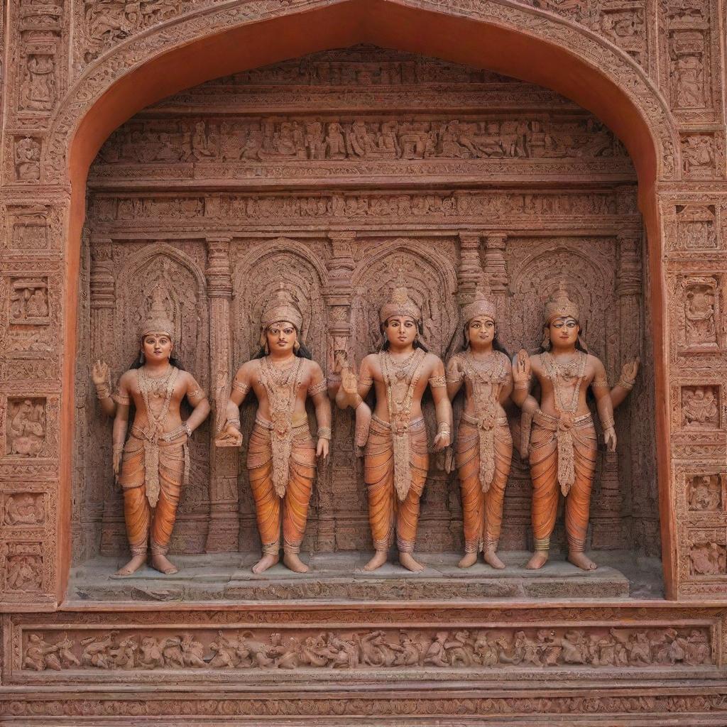 A photograph featuring Ram Mandir with stunningly detailed images of Ram, Laxman, Sita, and Hanuman