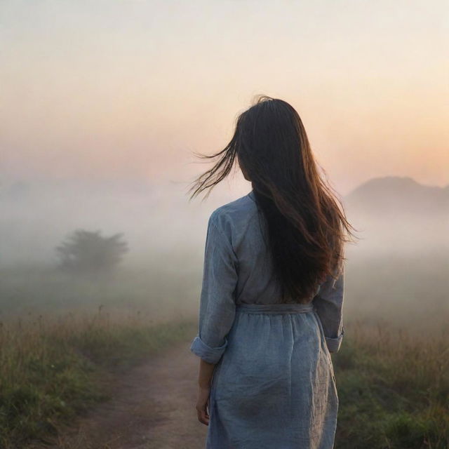 A realistic landscape at sunrise, featuring an Asian girl standing alone in the distance, her back to us, hair blowing in the wind within a foggy ambiance.