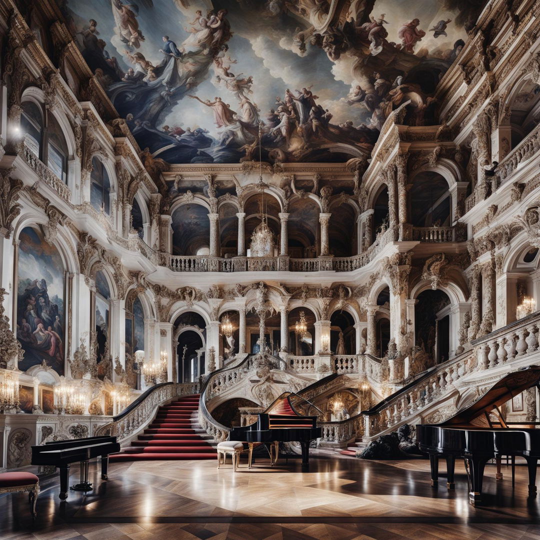 The opulent interior of a Baroque-style castle, filled with ornate decorations and grand furnishings.