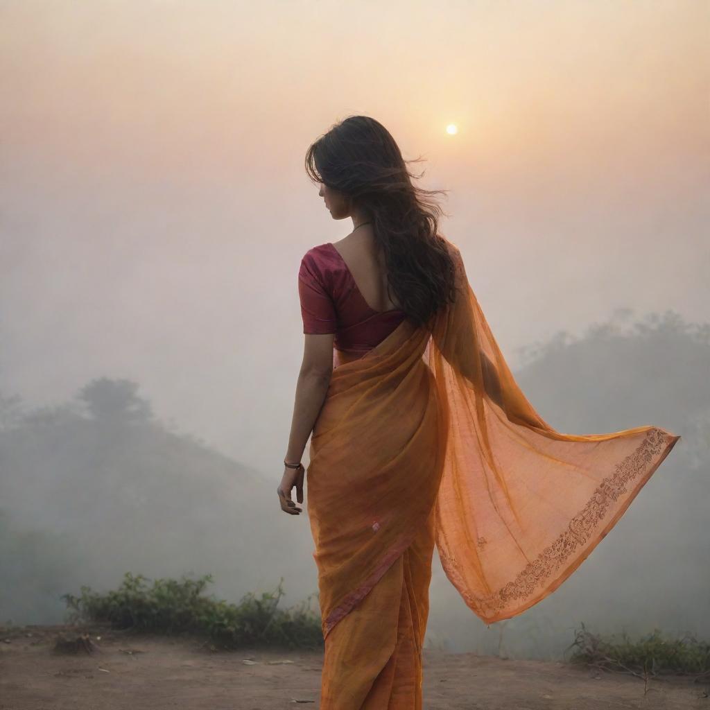 A realistic sunrise landscape featuring an Asian girl in a saree, standing alone at a distance with her back to us, her hair blowing in the wind in a foggy atmosphere.