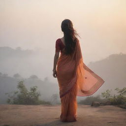 A realistic sunrise landscape featuring an Asian girl in a saree, standing alone at a distance with her back to us, her hair blowing in the wind in a foggy atmosphere.