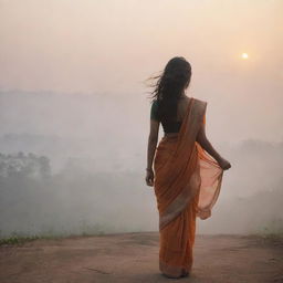 A realistic sunrise landscape featuring an Asian girl in a saree, standing alone at a distance with her back to us, her hair blowing in the wind in a foggy atmosphere.