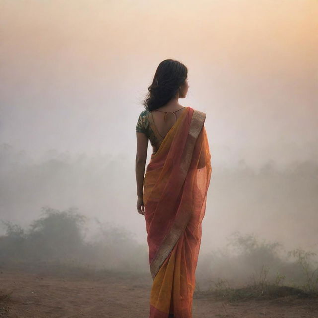 A realistic sunrise landscape featuring an Asian girl in a saree, standing alone at a distance with her back to us, her hair blowing in the wind in a foggy atmosphere.