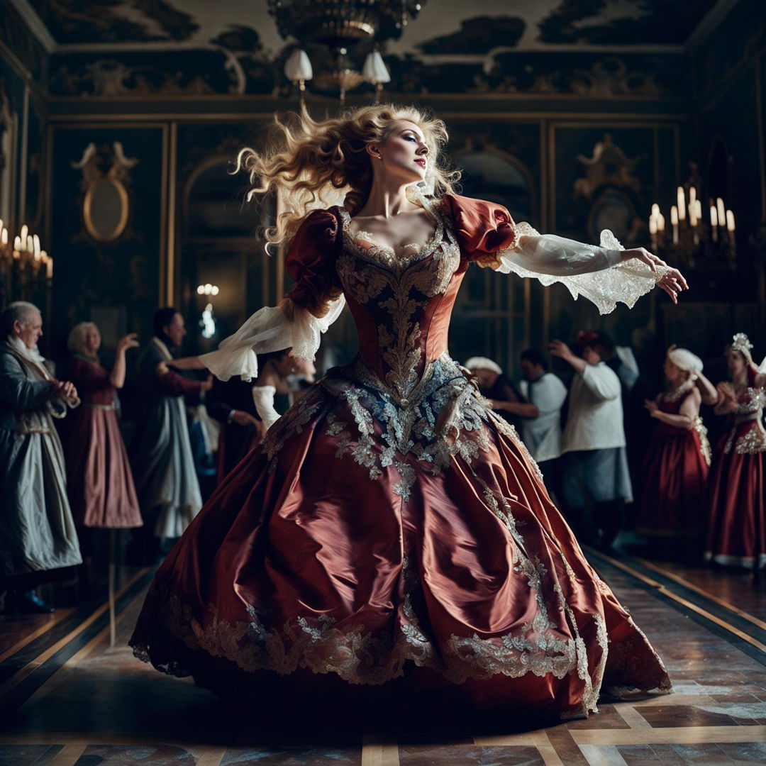 A woman in a Baroque style ballgown twirls in a grand ballroom, her gown billowing around her. The scene is filled with Baroque elements such as ornate chandeliers, gilded moldings, and a sense of movement and drama.