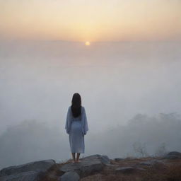 A realistic landscape at sunrise, presenting an Asian girl wearing a cover up, standing alone at a far distance, facing back, amidst a foggy environment.