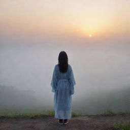 A realistic landscape at sunrise, presenting an Asian girl wearing a cover up, standing alone at a far distance, facing back, amidst a foggy environment.